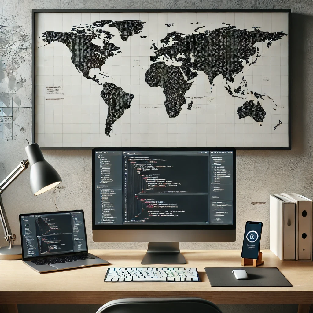 DALL·E 2025-03-07 22.03.21 - A modern workstation of a full stack developer featuring a large monitor displaying code on a clean desk with a laptop, wireless keyboard, and a smartphone